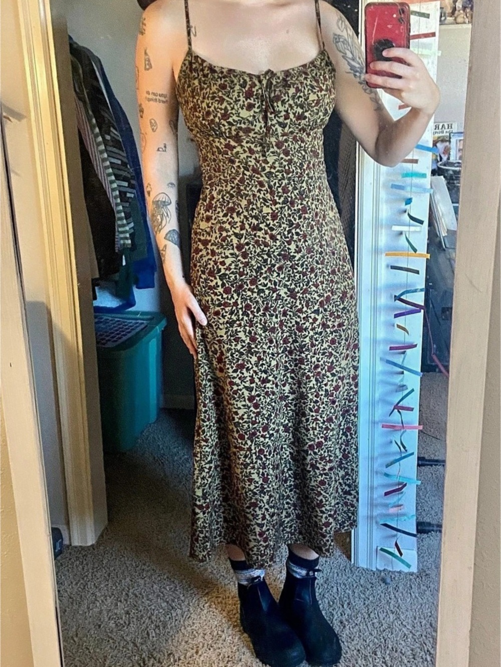 Floral Midi Dress in Green & Black